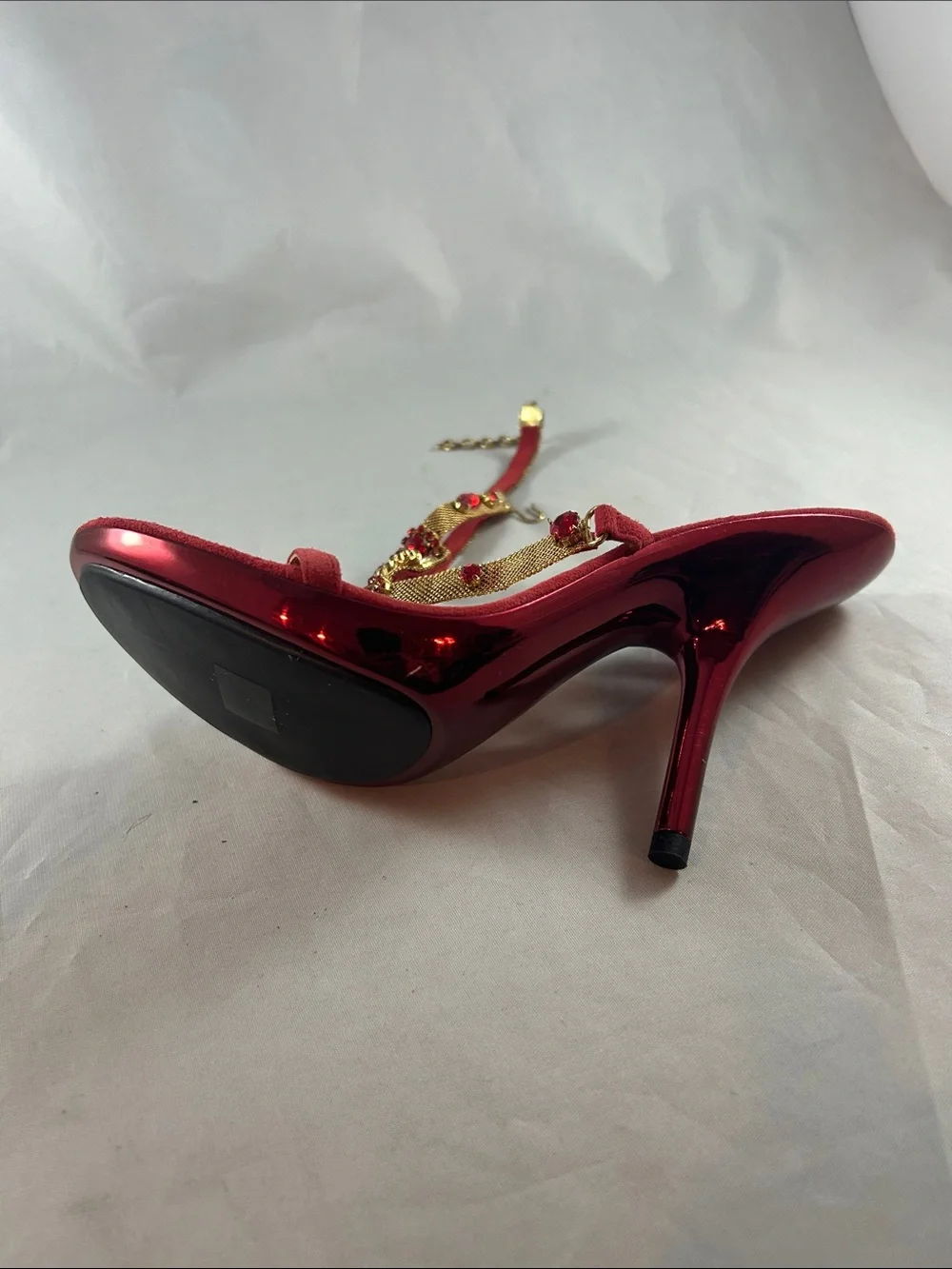 Red Jeweled T-Strap Slingback Heels - Picture 12 of 15